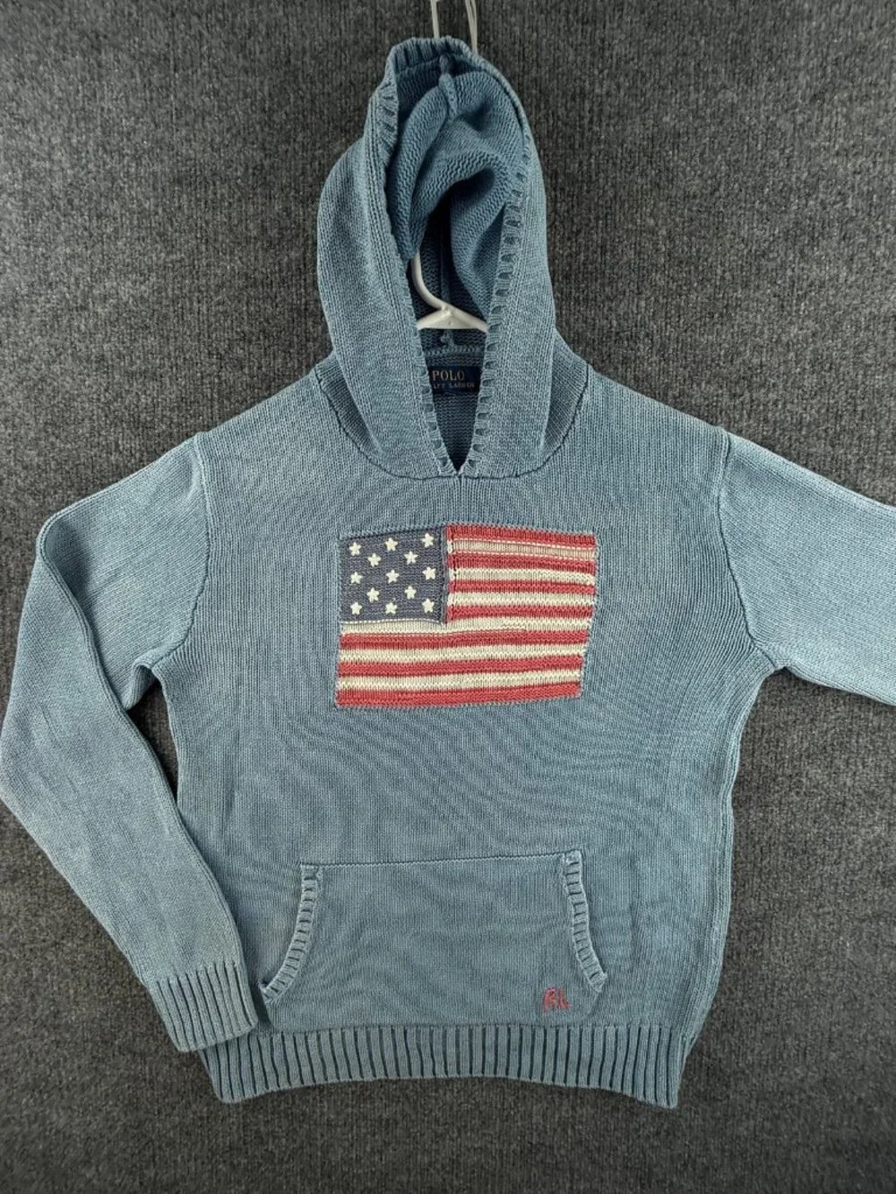 Polo Ralph Lauren Flag Sweater Girls XL 18-20 Graphic Cotton Hooded Light Blue